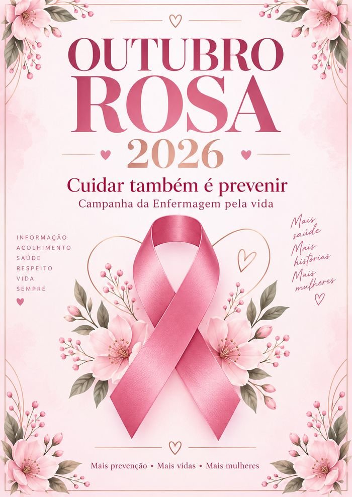 Cartaz principal do kit: Outubro Rosa 2026 - Cuidar tambem e prevenir, com laco rosa e flores