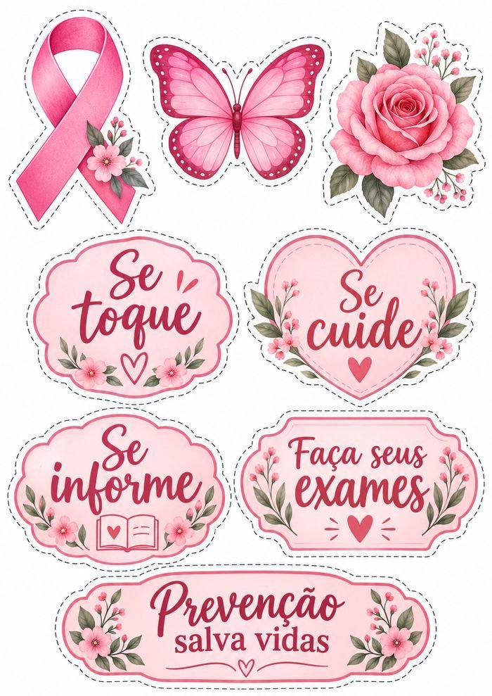 Adesivos e elementos recortaveis: laco, borboleta, rosa e frases Se toque, Se cuide, Se informe e Faca seus exames
